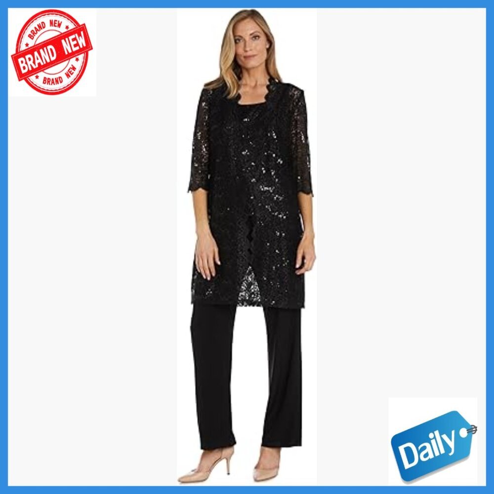 3-Piece Glitter Lace Pant Set with Duster Jacket and Tank Top